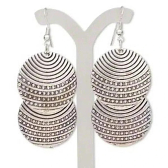 Antique Silver Plated Dotted Geometric Double Circles Lines Dangle Earrings - Picture 1 of 1